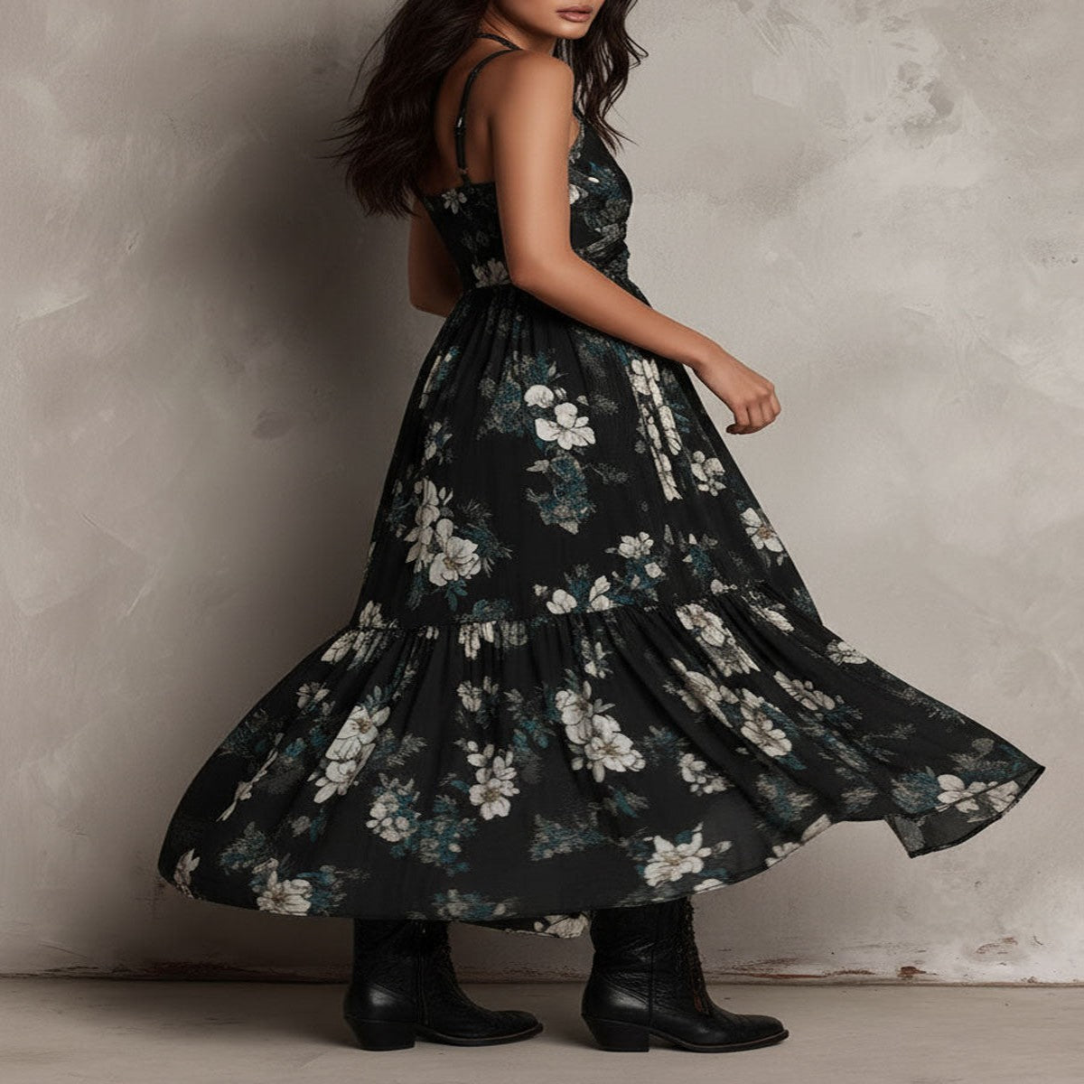 Bohemian Black Floral Print Maxi Dress