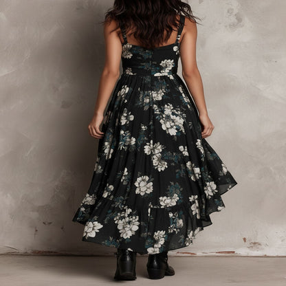 Bohemian Black Floral Print Maxi Dress