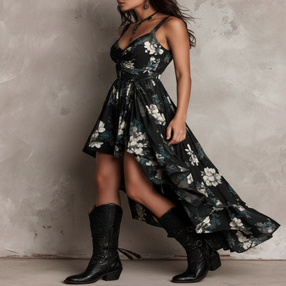 Bohemian Black Floral Print Maxi Dress