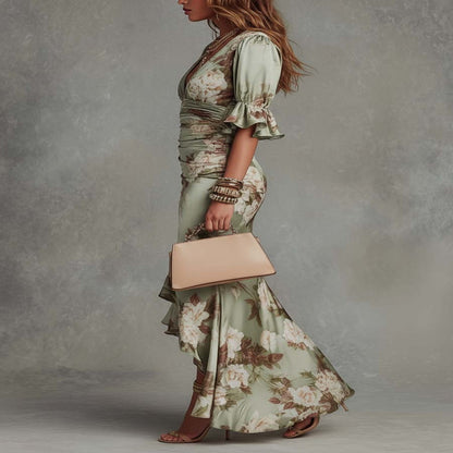 Floral Satin Asymmetrical Maxi Dress