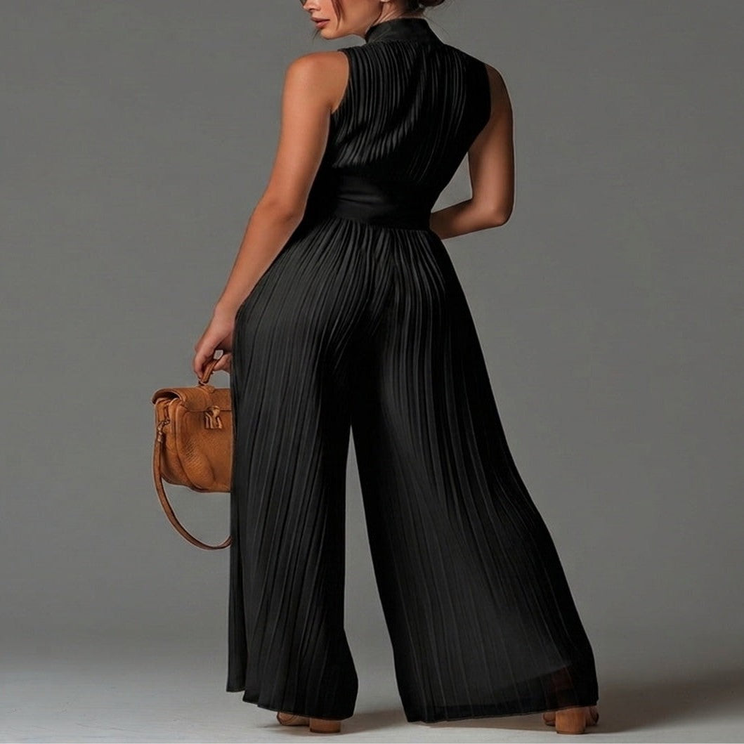 Black Chiffon Jumpsuit with V-Neck and Wide Leg