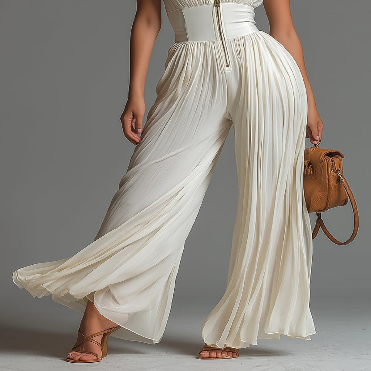 Vestido Blanco de Chifón sin Mangas y Pierna Ancha