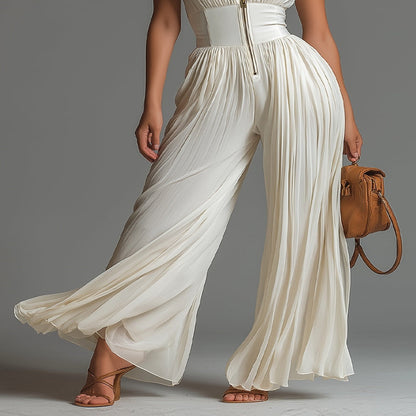 Vestido Blanco de Chifón sin Mangas y Pierna Ancha