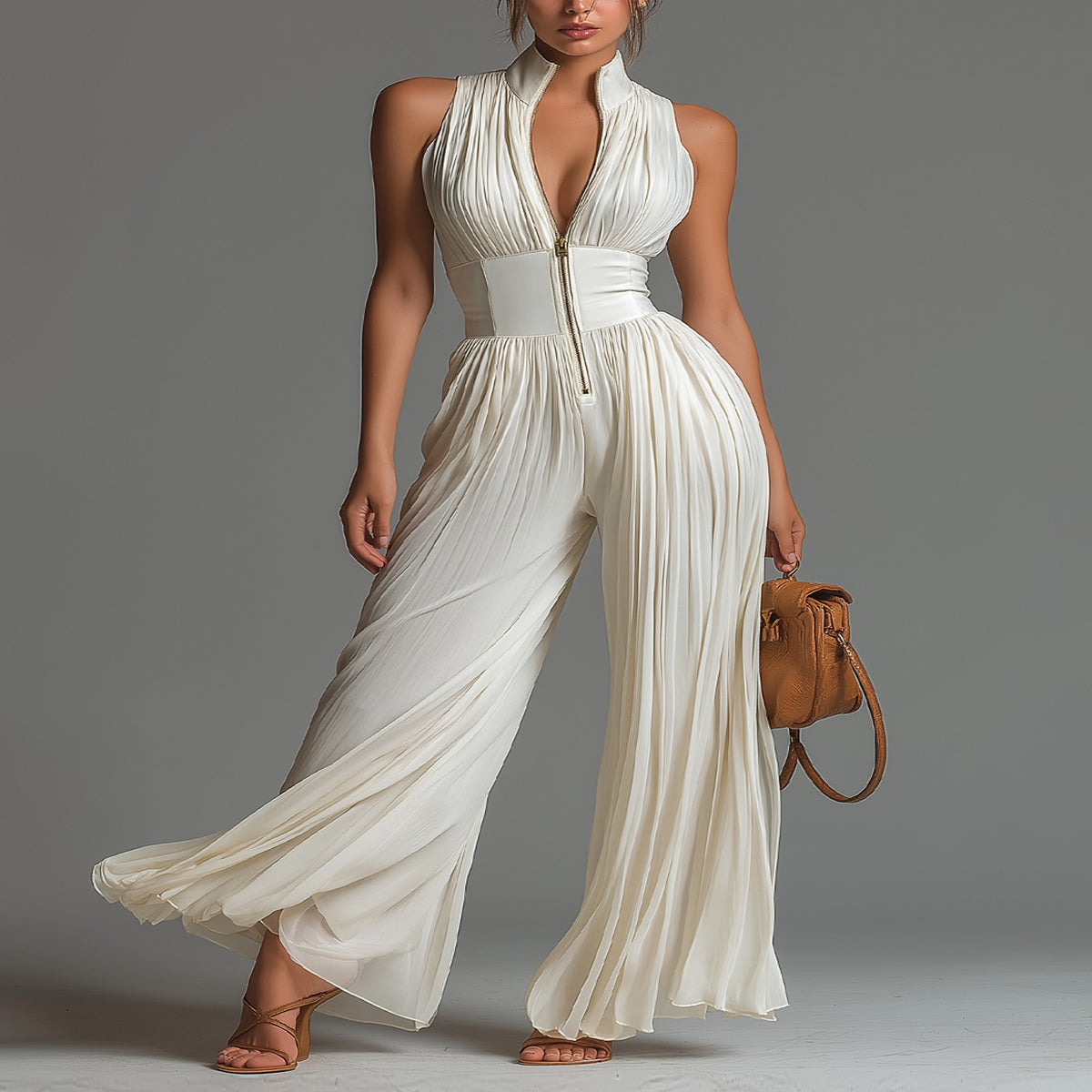 Vestido Blanco de Chifón sin Mangas y Pierna Ancha