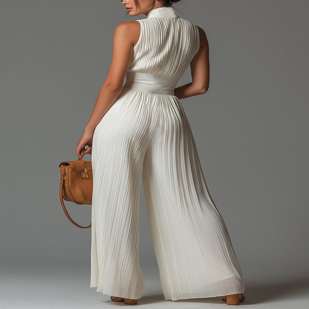Vestido Blanco de Chifón sin Mangas y Pierna Ancha