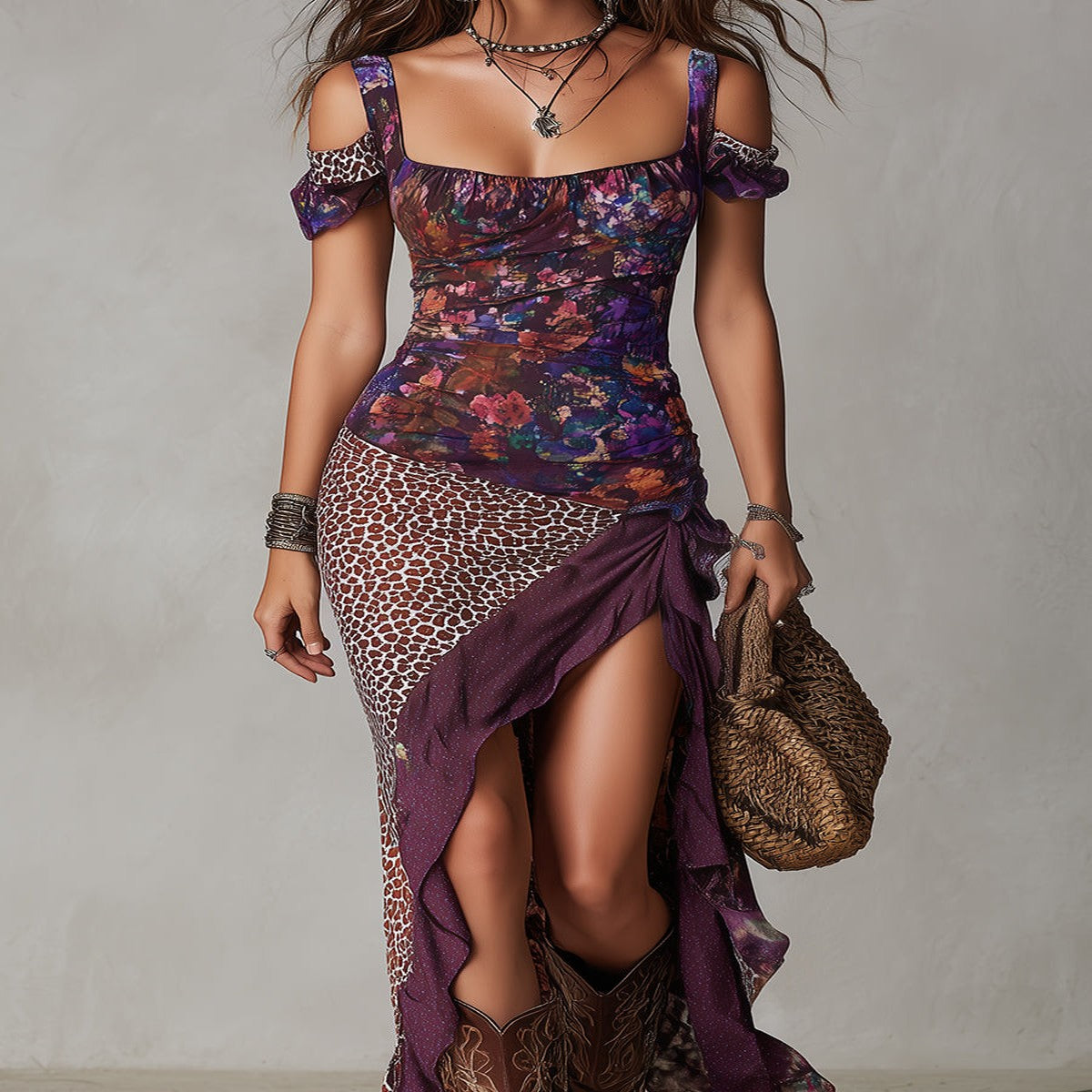Urban Leopard and Floral Print Maxi Dress