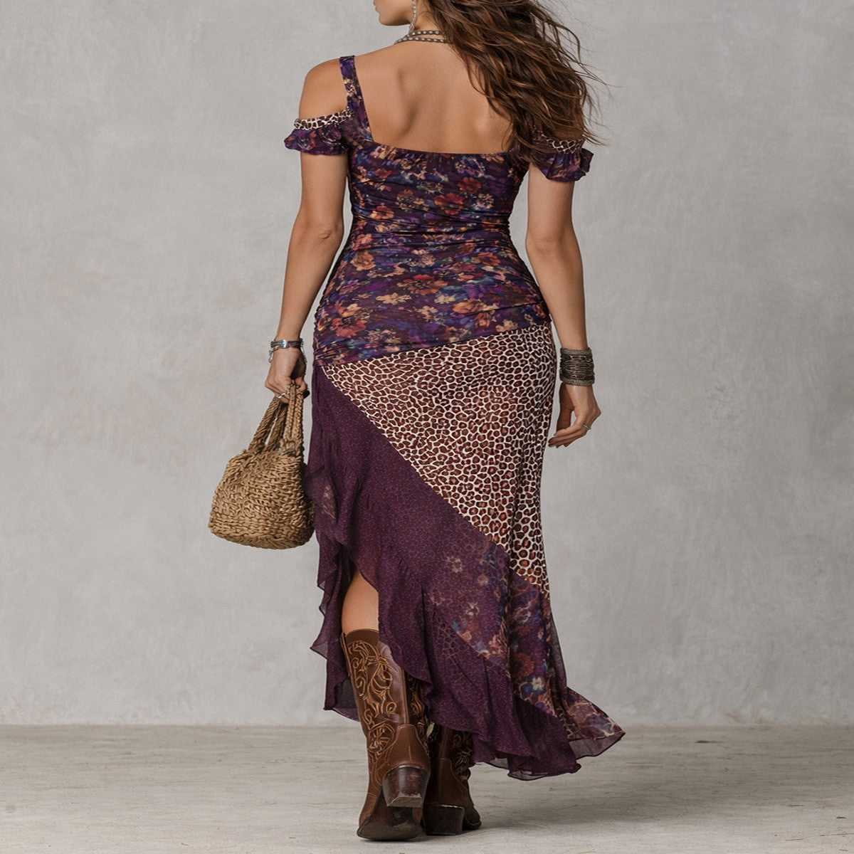 Vestido Maxi Urbano con Estampado de Leopardo y Flores