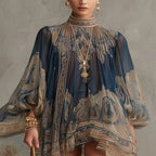 Vestido Mini Azul Marino de Chifón con Estampado Barroco