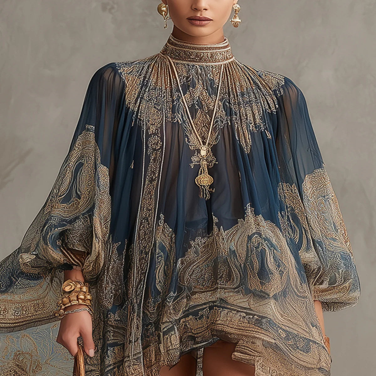 Navy Chiffon Baroque Print Mini Dress