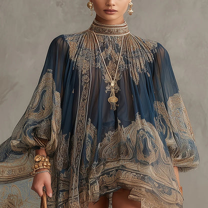Navy Chiffon Baroque Print Mini Dress