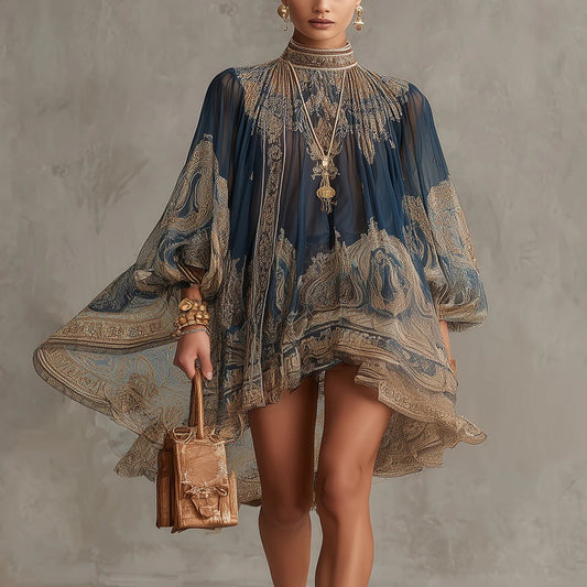 Navy Chiffon Baroque Print Mini Dress