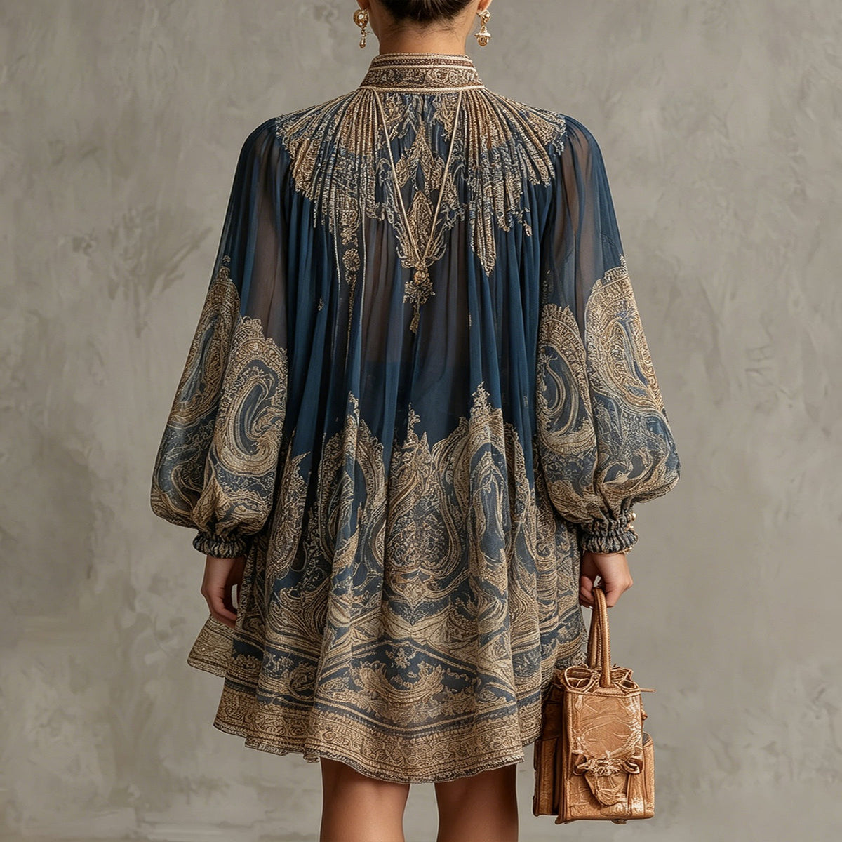 Navy Chiffon Baroque Print Mini Dress