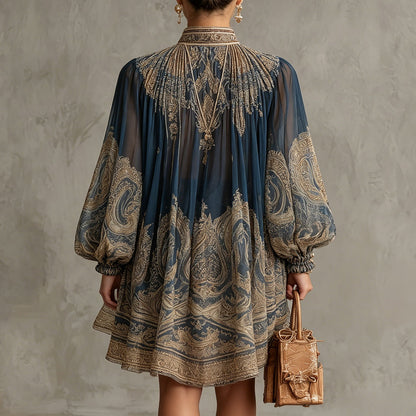 Navy Chiffon Baroque Print Mini Dress