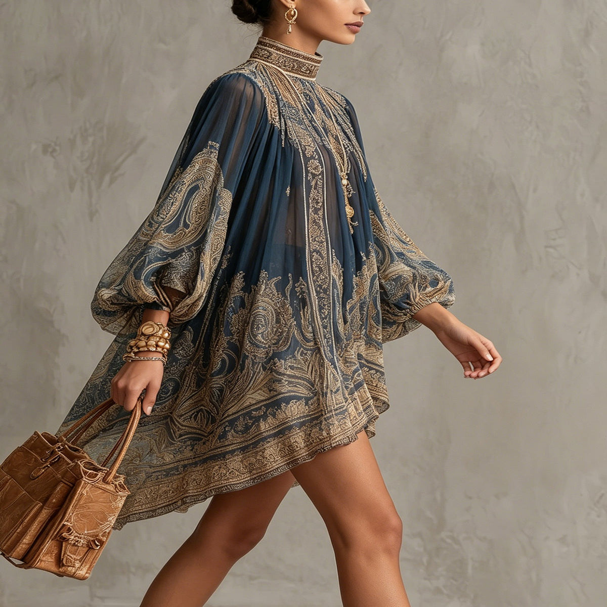 Navy Chiffon Baroque Print Mini Dress