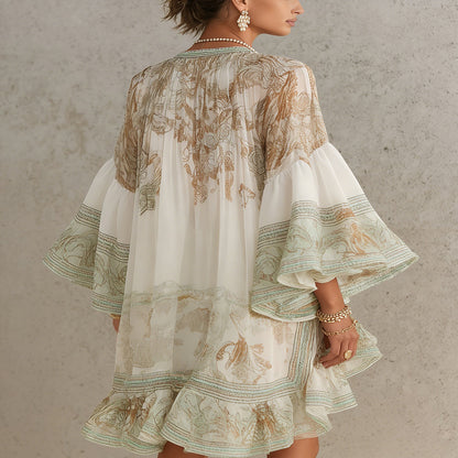 Vestido Mini Verde de Chifón con Rayas y Volantes