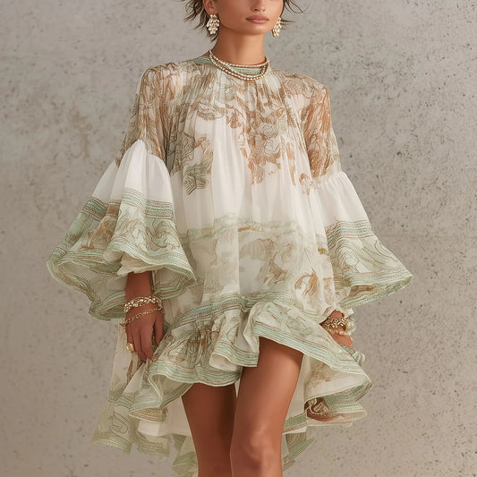 Green Striped Ruffle Chiffon Mini Dress