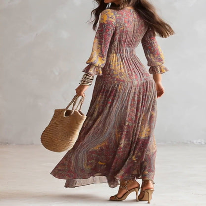Vestido Maxi de Chifón con Estampado Paisley y Escote V