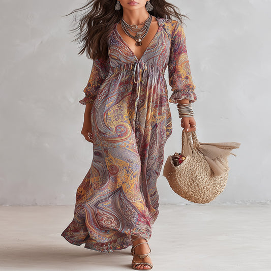 Paisley Print Chiffon V-Neck Maxi Dress