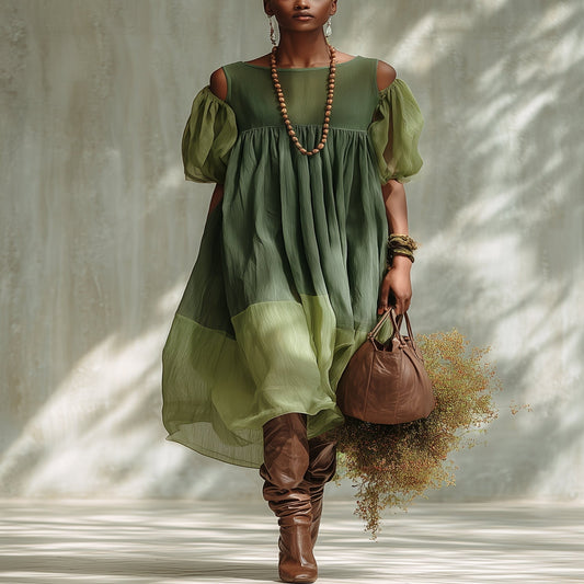 Green Chiffon Off-the-Shoulder Midi Dress