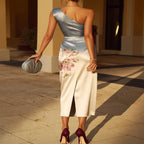 One Shoulder Floral Satin Midi Dress