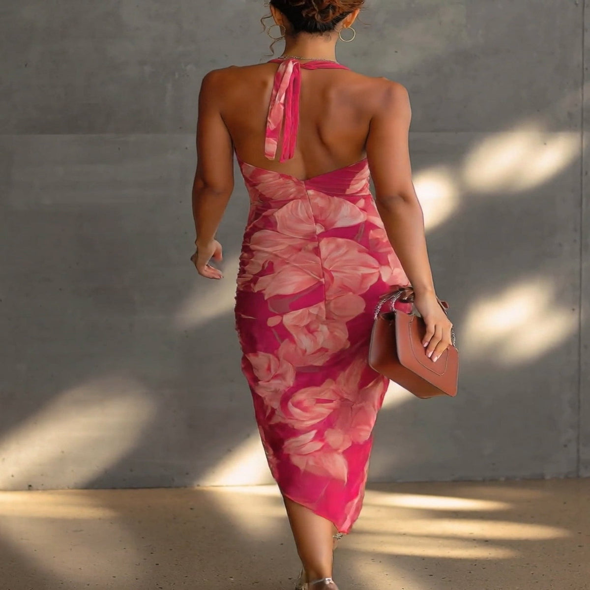 Fuchsia Sleeveless Bodycon Dress with Floral Print