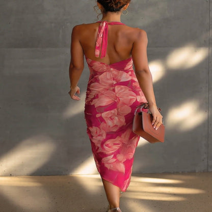 Fuchsia Sleeveless Bodycon Dress with Floral Print