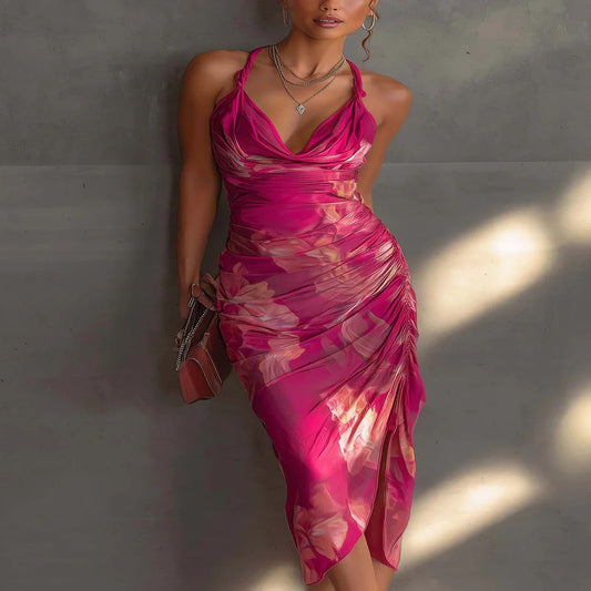 Fuchsia Sleeveless Bodycon Dress with Floral Print