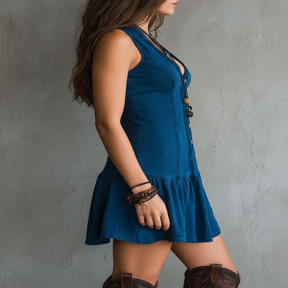 Indigo Sleeveless V-Neck Mini Dress with Buttons