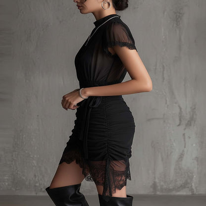 Black Chiffon Mini Dress with Pleated Waist