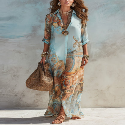 Vestido Maxi Azul con Estampado Floral Barroco