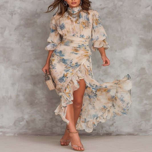 Asymmetrical Floral Print Chiffon Maxi Dress