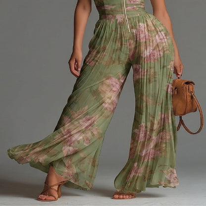 Wide Leg Chiffon Floral Green Jumpsuit