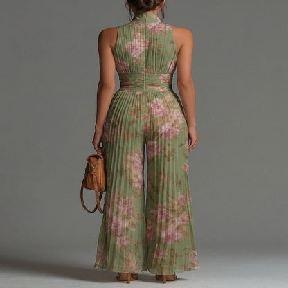 Wide Leg Chiffon Floral Green Jumpsuit