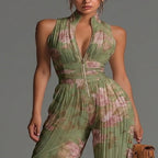 Jumpsuit Verde Floral de Chifón con Pierna Ancha