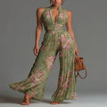 Jumpsuit Verde Floral de Chifón con Pierna Ancha