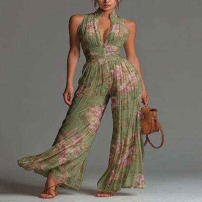 Wide Leg Chiffon Floral Green Jumpsuit