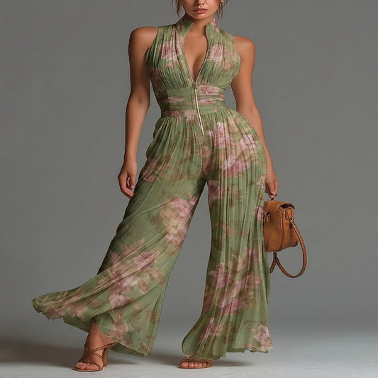 Wide Leg Chiffon Floral Green Jumpsuit