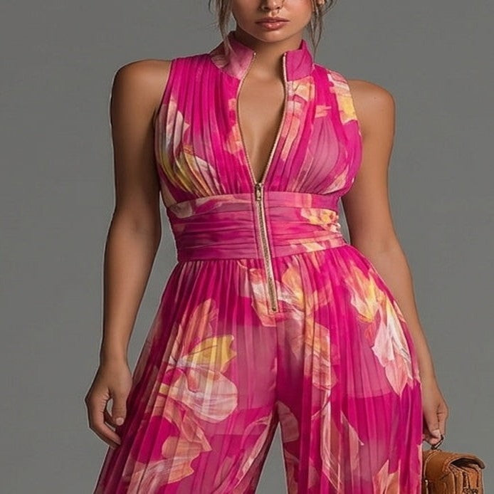 Fuchsia Pleated Chiffon Floral Print Jumpsuit
