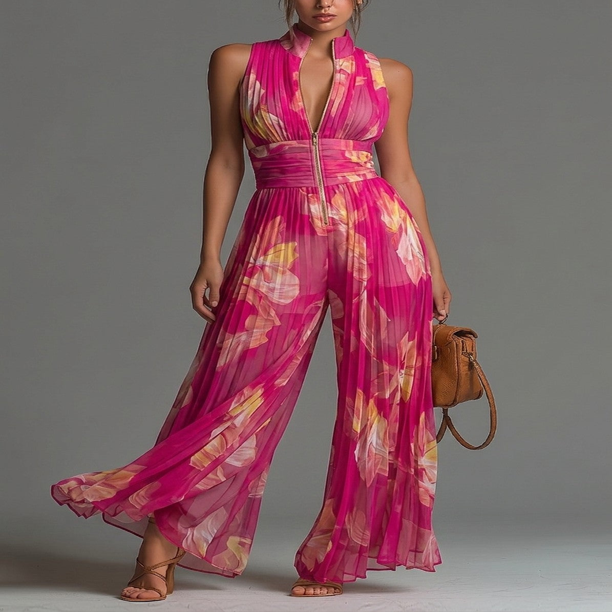 Fuchsia Pleated Chiffon Floral Print Jumpsuit