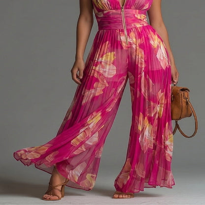 Fuchsia Pleated Chiffon Floral Print Jumpsuit
