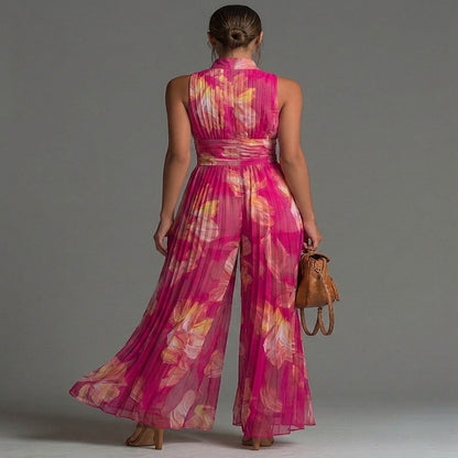 Fuchsia Pleated Chiffon Floral Print Jumpsuit