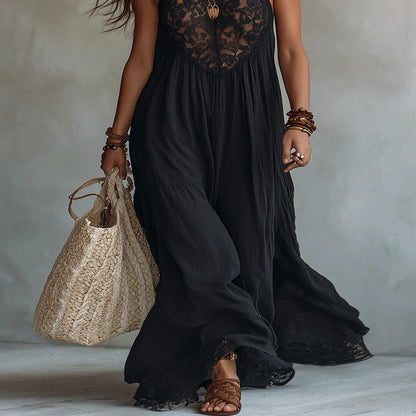 Sleeveless Black Bohemian Lace Maxi Dress