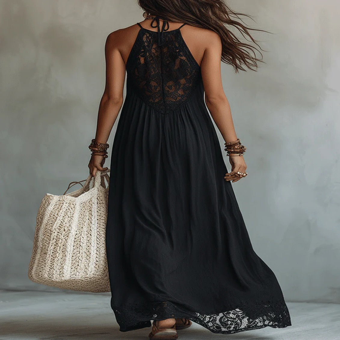 Sleeveless Black Bohemian Lace Maxi Dress