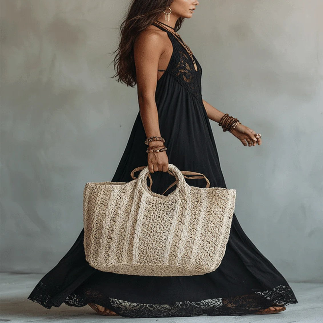 Sleeveless Black Bohemian Lace Maxi Dress