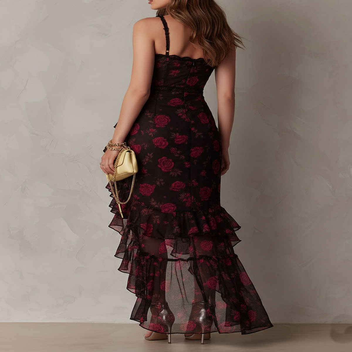 Long Black and Red Dress with Flowers and Ruffles