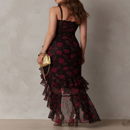 Long Black and Red Dress with Flowers and Ruffles