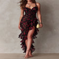 Long Black and Red Dress with Flowers and Ruffles