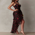 Long Black and Red Dress with Flowers and Ruffles