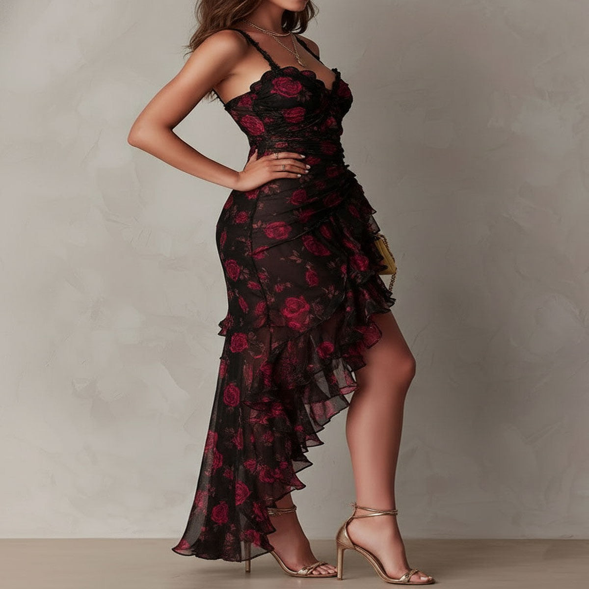 Long Black and Red Dress with Flowers and Ruffles