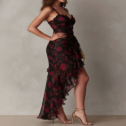 Long Black and Red Dress with Flowers and Ruffles
